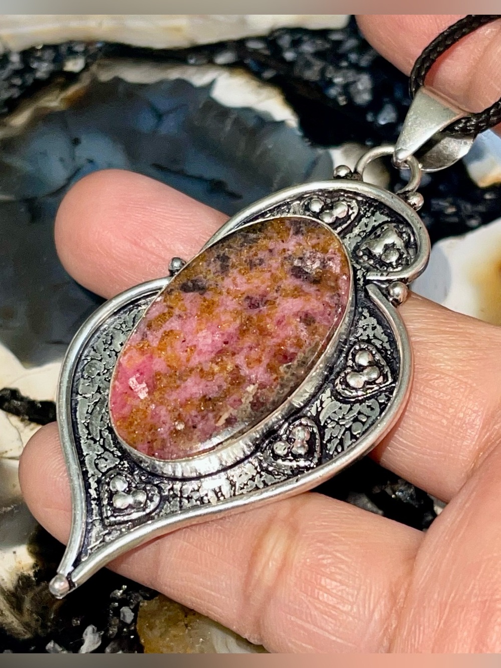 Large Brownish-Red Rhodonite Crystal Pendant 3”